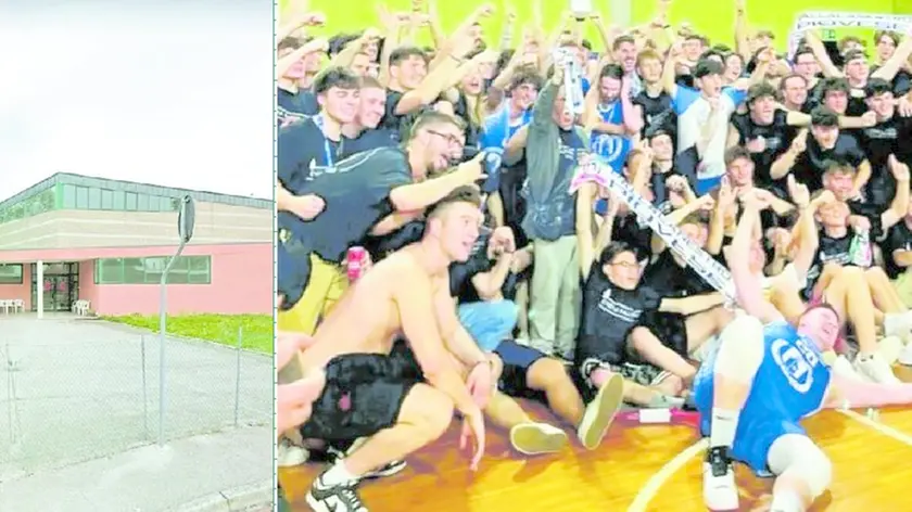 L’ingresso del palazzetto di via Traverso a Conselve. A destra tifosi e squadra vincitrice festeggiano dopo la vittoria che è valsa la promozione in Serie D