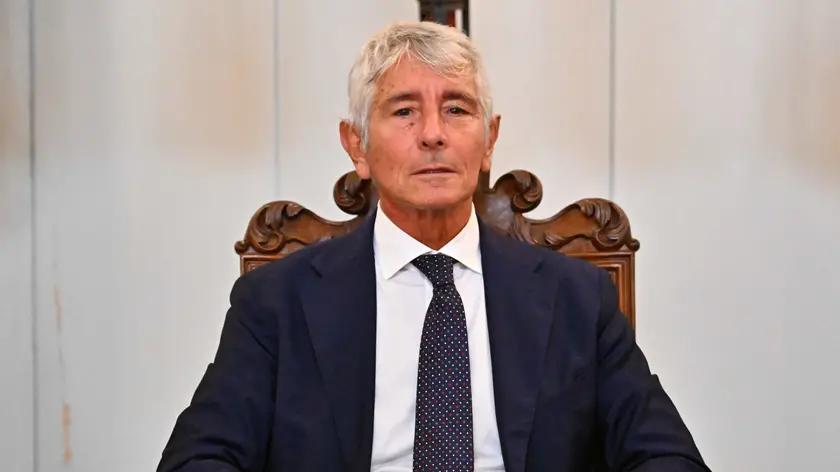 Il ministro dell Sport Andrea Abodi, presso la sede del Comune, a margine della cerimonia della posa della prima pietra della Casa della Vela ne nuovo waterfront di Levante. Genova, 09 settembre 2024. ANSA/LUCA ZENNARO