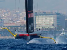 epa11559672 Luna Rossa Prada Pirelli compete in a match race during the Preliminary Regatta of the 37th America's Cup, in Barcelona, Spain, 22 August 2024. EPA/Siu Wu