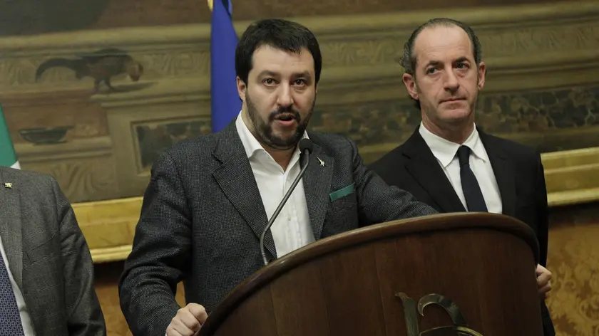 Matteo Salvini nella sala Aldo Moro durante le consultazioni del Presidente del Consiglio incaricato, Matteo Renzi. Roma 18/02/2014. ANSA/GIUSEPPE LAMI