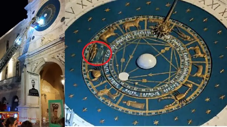 L'intervento dei vigili del fuoco e a destra il gemello rimosso per il restauro