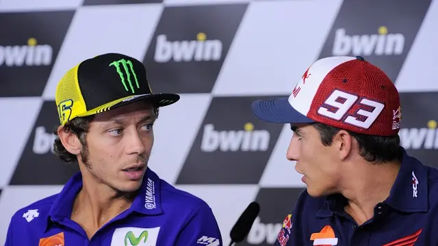 13 Aug 2015, Brno, Czech Republic --- Brno, Czech Republic. 13th August 2015 -- Valentino Rossi (L) (Movistar Yamaha) and Marc Marquez (R) (Repsol Honda) during press conference in Brno, Czech Republic MotoGP. -- Press Conference at Czech Republic MotoGP, Brno --- Image by © G Piazzolla/Demotix/Corbis