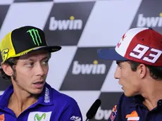 13 Aug 2015, Brno, Czech Republic --- Brno, Czech Republic. 13th August 2015 -- Valentino Rossi (L) (Movistar Yamaha) and Marc Marquez (R) (Repsol Honda) during press conference in Brno, Czech Republic MotoGP. -- Press Conference at Czech Republic MotoGP, Brno --- Image by © G Piazzolla/Demotix/Corbis