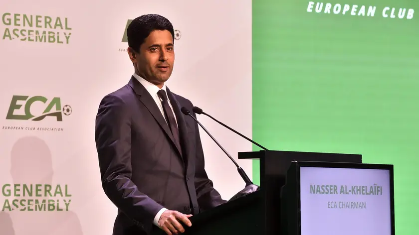 epa10545729 ECA President Nasser Al Khelaifi addresses the 29th General Assembly of European Club Association (ECA) in Budapest, Hungary, 27 March 2023. EPA/Peter Lakatos HUNGARY OUT