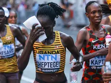 epa10820818 Rebecca Cheptegei (2-L) of Uganda and Selly Chepyego Kaptich (2-R) of Kenya compete in the Women's Marathon during the World Athletics Championships in Budapest, Hungary, 26 August, 2023. EPA/Istvan Derencsenyi HUNGARY OUT