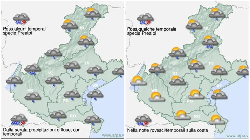 Ecco le previsioni meteo dell'Arpav per il pomeriggio di domenica 8 e la mattina di lunedì 9 settembre