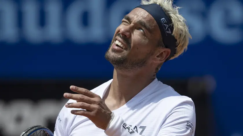 epa11483507 Fabio Fognini of Italy reacts during a match against Juan Pablo Varillas of Peru at the Swiss Open tennis tournament in Gstaad, Switzerland, 17 July 2024. EPA/PETER SCHNEIDER