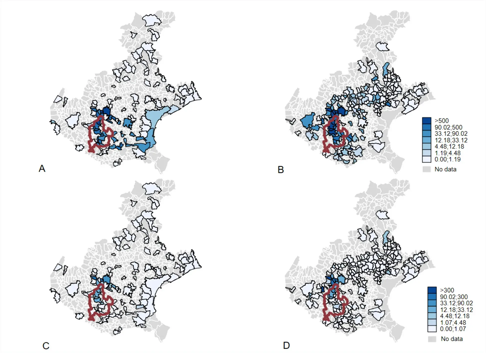 Mappa delle concentrazioni (ng/L) di acido perfluoroottanoico (PFOA) (pannelli superiori A e B) e di acido perfluoroottanesolfonico (PFOS)