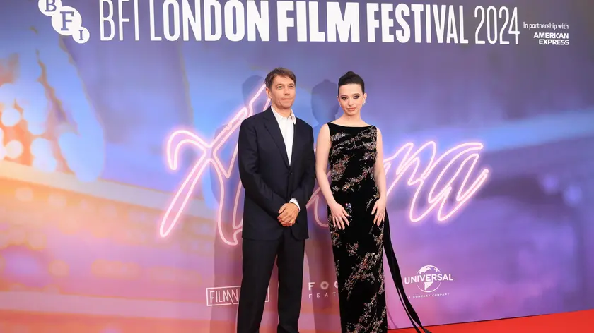 epa11655422 US director Sean Baker (L) and US actor Mickey Madison (R) pose on the red carpet for the 'Anora' gala screening at the BFI London Film Festival, in London, Britain, 11 October 2024. The 68th edition of the annual film festival runs from 09 to 20 October 2024. EPA/NEIL HALL