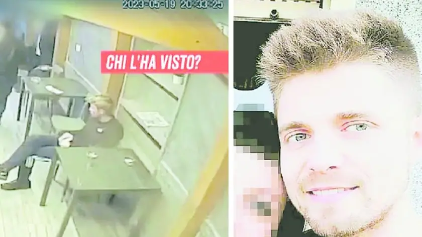 Un frame del bar Mezza Tappa diffuso da “Chi l’ha visto?”: Giosuè è seduto in una saletta e il manovale lascia la stanza. A destra, il 33enne