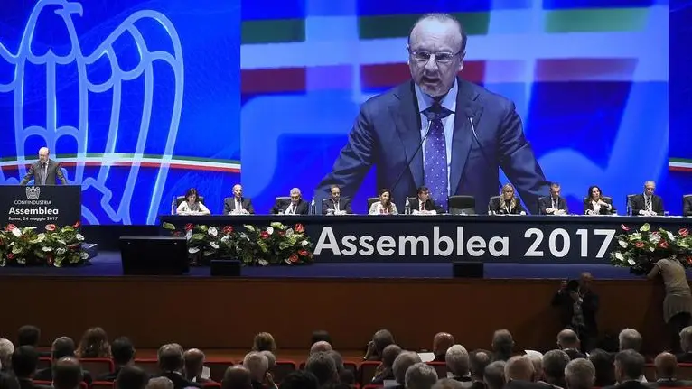Il presidente di Confindustria Vincenzo Boccia durante l'Assemblea di Confindustria a Roma, 24 maggio 2017. ANSA / LUIGI MISTRULLI