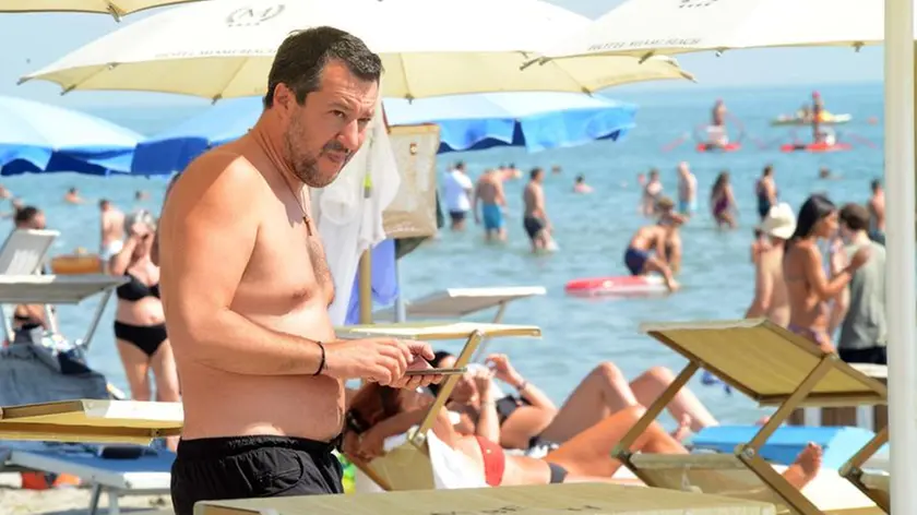 The leader of the League, Matteo Salvini, at the Papeete Beach bathing establishment in Milano Marittima, Italy, 30 July 2021. ANSA/STEFANO CAVICCHI