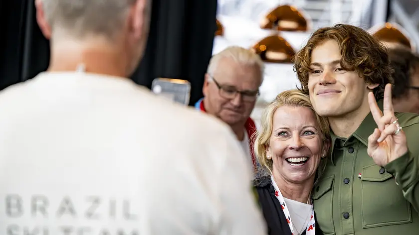 epa11679893 Skiracer Lucas Pinheiro Braathen of Brazil atttends a press conference at the FIS Alpine Skiing World Cup season opener, in Soelden, Austria, 24 October 2024. EPA/JEAN-CHRISTOPHE BOTT