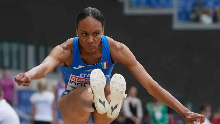 epa11403424 Larissa Iapichino of Italy in action during the women Long Jump qualification, at the European Athletics Championships 2024 in Rome, Italy, 11 June 2024. EPA/CLAUDIO PERI