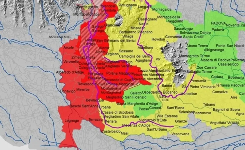 Nella cartina, l'area rossa indica la zona a maggio rischio Pfas