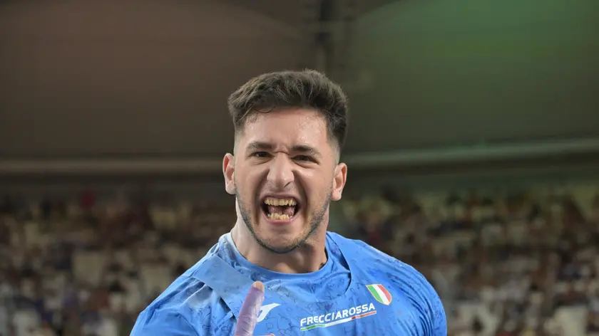 epa10808229 Leonardo Fabbri of Italy reacts in the final of men's shot put of the World Athletic Championships in the National Athletics Centre in Budapest, Hungary, 19 August 2023. EPA/Tibor Illyes HUNGARY OUT