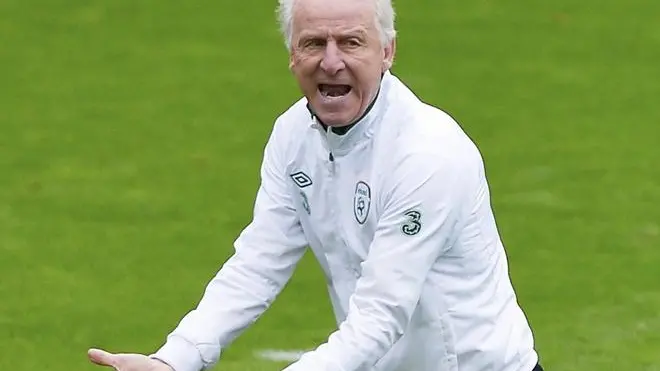 epa03252805 Irish national soccer team head coach Giovanni Trapattoni gestures during his team's training session in Gdynia, Poland, 07 June 2012. Ireland is preparing for the UEFA EURO 2012 which will take place from 08 June to 01 July 2012 in Poland and Ukraine. EPA/ADAM WARZAWA POLAND OUT