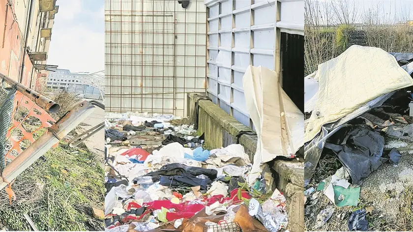 Da sinistra: un varco aperto per entrare in una palazzina di piazzale Boschetti a Padova; sporcizia e immondizia in piazza Salvemini; una tenda creata con pezzi di ferro e stoffa nell’area del PP1 (foto Bianchi)