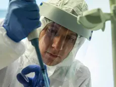 A medical worker performs a COVID-19 test at a test center at Vnukovo airport outside Moscow, Russia, Friday, Aug. 7, 2020. Authorities in Russia say they are about to approve a COVID-19 vaccine, with mass vaccinations planned as early as October 2020, using shots that are yet to complete clinical trials. But scientists worldwide are sounding the alarm that the headlong rush could backfire and point to ethical issues that undermine confidence in the Russian studies. (AP Photo/Pavel Golovkin)