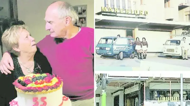 Luigi Marchioro con la moglie Rosanna. In alto a destra il suo storico “negozio”