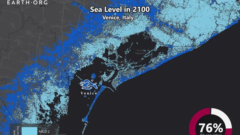 L'innalzamento del livello del mare previsto nel 2100 attorno alla laguna di Venezia, fonte earth.org