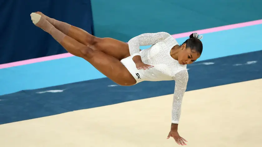 epa11527660 Jordan Chiles of USA competes the Women Floor Exercise final of the Artistic Gymnastics competitions in the Paris 2024 Olympic Games, at the Bercy Arena in Paris, France, 05 August 2024. EPA/TERESA SUAREZ
