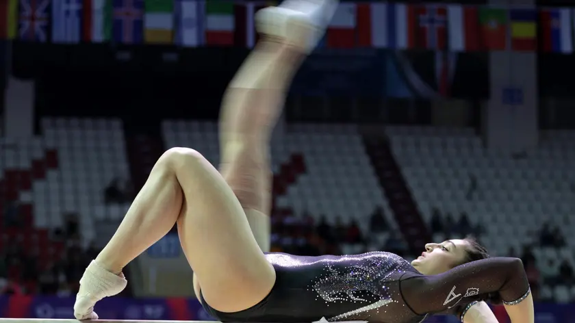 epa10575716 Manila Esposito of Italy competes on the Balance Beam during the Women's Balance Beam finals of the Artistic Gymnastics European Championships in Antalya, Turkey, 16 April 2023. EPA/ERDEM SAHIN