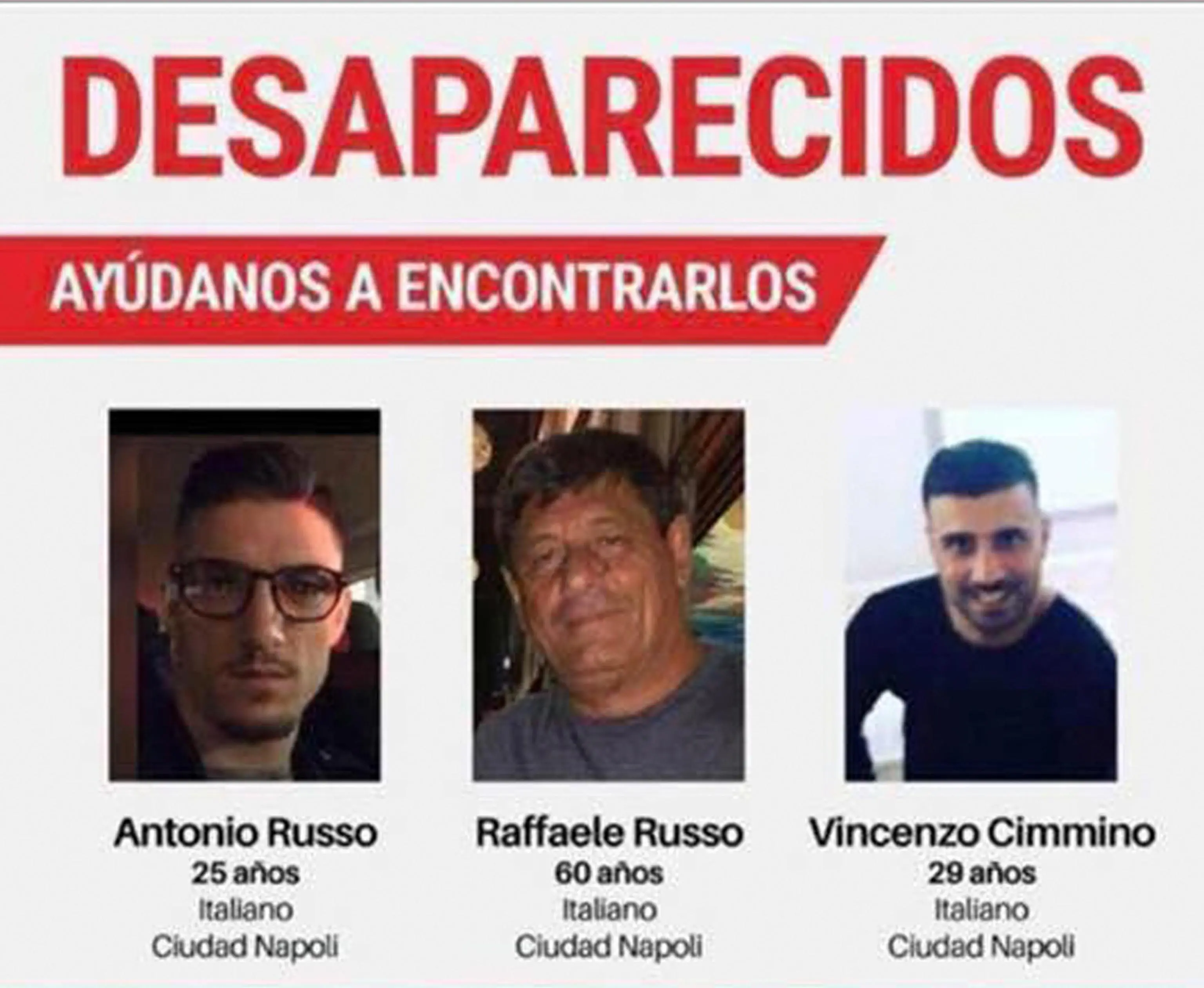 Una foto tratta dal profilo Facebook di 24h Morelia mostra la foto dei tre italiani scomparsi, Raffaele Russo, suo figlio Antonio e suo nipote Vincenzo Cimmino, tutti originari di Napoli.+++ATTENZIONE LA FOTO NON PUO' ESSERE PUBBLICATA O RIPRODOTTA SENZA L'AUTORIZZAZIONE DELLA FONTE DI ORIGINE CUI SI RINVIA+++