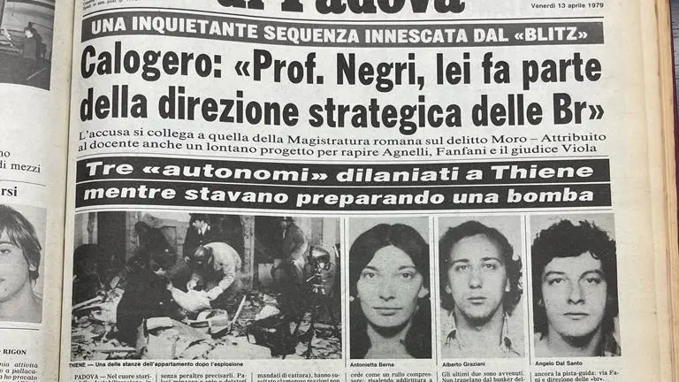 La prima pagina del Mattino di Padova del 13 aprile 1979