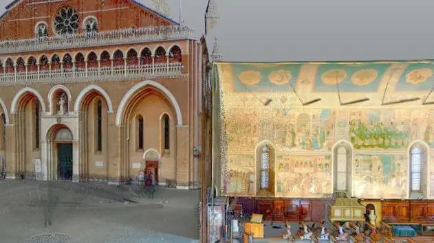 Una visualizzazione digitale dell’oratorio di San Giorgio rispetto a piazza del Santo (FOTO BIANCHI)