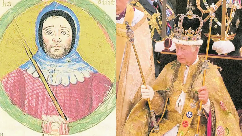 A sinistra Azzo II d’Este, che sposò Cunegonda ed ebbe come figlio Guelfo, fondatore della dinastia bavarese. A sinistra Carlo III Windsor