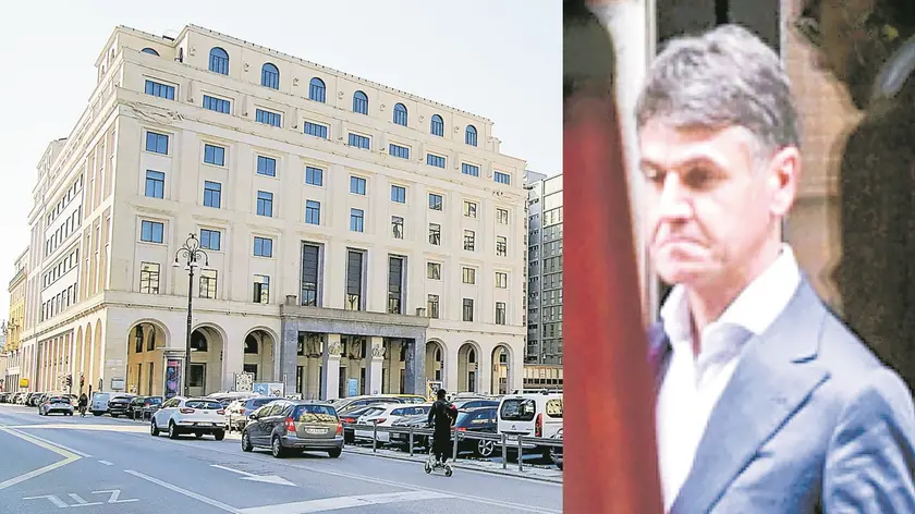 A sinistra il palazzo ex Inps, disegnato da Gino Peressutti, che assieme al palazzo Cogi (ex Itala Pilsen) e alla sede della Camera di commercio, formano la parte monumentale di piazza Insurrezione. A Destra Fabio Parancola