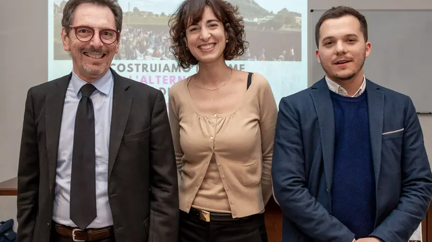 Monselice (PD), 08 marzo 2019. Assemblea pubblica candidati sindaci di opposizione a Monselice. Nella foto: (da sinistra a destra) Sandro Giordani candidato sindaco con la lista "Sì Monselice", Silvia Muttoni candidata sindaco con la lista "Siamo Monselice", Andrea Bernardini candidato sindaco con il "Movimento 5 stelle"