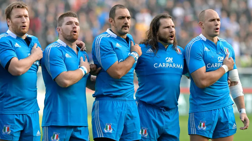 Filippo Alfero, 09.11.13, Torino, Stadio Olimpico, Rugby Test Match Italia-Australia, nella foto: la nazionale schierata durante l'inno nazionale, Parisse, Castrogiovanni