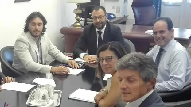 The summit between Democratic party Pd and Movement 5 stars delegation members from left clockwise Graziano Delrio (Pd whip), Francesco D?Uva (M5S whip), Gianluca Perilli (M5S), Francesco Silvestri (M5S), Stefano Patuanelli (M5S whip), Andrea Marcucci (Pd whip), Paola De Micheli (Pd) and Andrea Martella (Pd) at the House, in Rome, Italy, 27 August 2019. ANSA/UFFICIO STAMPA PD +++ ANSA PROVIDES ACCESS TO THIS HANDOUT PHOTO TO BE USED SOLELY TO ILLUSTRATE NEWS REPORTING OR COMMENTARY ON THE FACTS OR EVENTS DEPICTED IN THIS IMAGE; NO ARCHIVING; NO LICENSING +++