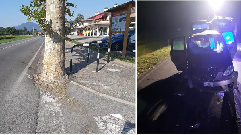 Il luogo dell'incidente e l'auto dove viaggiavano i ragazzi