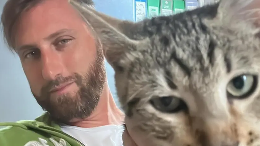 Il gatto Tigro in braccio ad Alessandro Lazzarini che da alcuni mesi se ne prendeva cura: il cucciolo è stato ucciso con una fucilata da un vicino