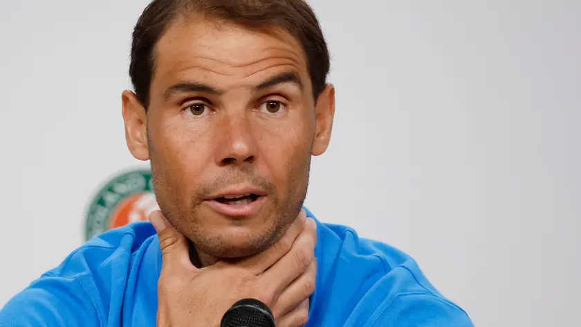 epa11368122 Rafael Nadal of Spain reacts during a press conference ahead of the French Open tennis tournament at Roland ?Garros in Paris, France, 25 May 2024. The 123th French Open tennis tournament starts with its first round matches on 26 May 2024. EPA/YOAN VALAT