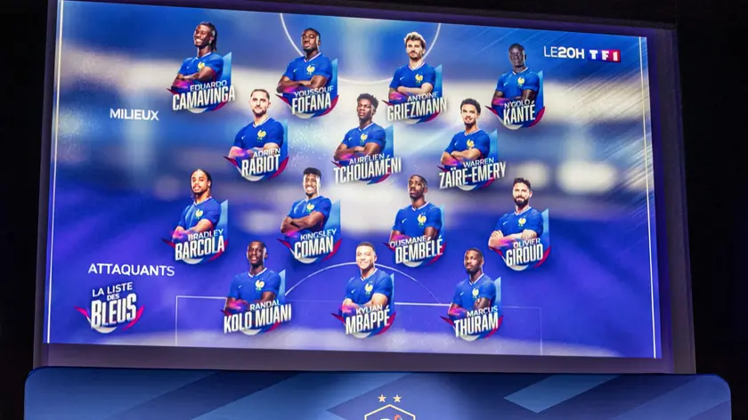 epa11345875 France’s squad list for the UEFA Euro 2024 soccer tournament is displayed after France's head coach Didier Deschamps announced his list at TF1 tv channel in Boulogne, near Paris, France, 16 May 2024. EPA/CHRISTOPHE PETIT TESSON
