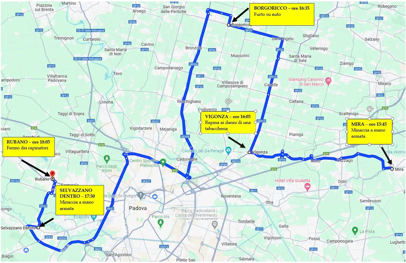 La mappa della scorribanda dei banditi