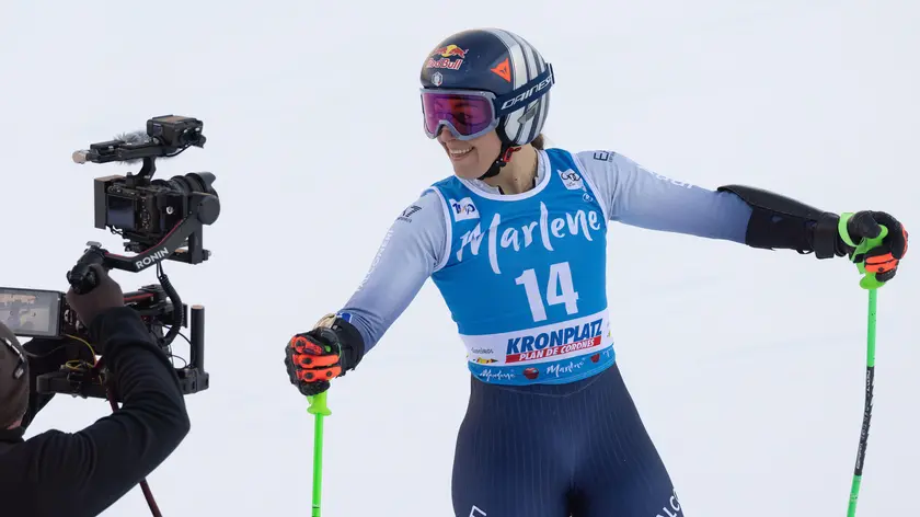 Sofia Goggia of Italy celebrates in the finish area after the Women's Giant Slalom race at the FIS Alpine Skiing World Cup in Kronplatz, Italy, 30 January 2024. ANSA/ANDREA SOLERO