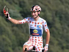 epa10762415 Polka Dot Jersey best climber Italian rider Giulio Ciccone of team Lidl-Trek reacts as he crosses the finish line of the 20th stage of the Tour de France 2023, a 134kms from Belfort to Le Markstein Fellering, France, 22 July 2023. EPA/CHRISTOPHE PETIT TESSON