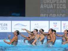 epa11410071 Team Italy competes in the Team Free Final of the artistic swimming at the European Aquatics Championships Belgrade 2024, in Belgrade, Serbia, 14 June 2024. EPA/ANDREJ CUKIC