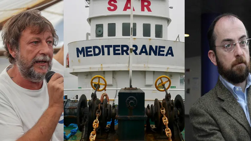 Da sinistra Luca Casarini, il rimorchiatore di salvataggio Mare Jonio e Beppe Caccia