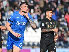 epa11290404 Empoli's midfielder Alberto Cerri celebrates after scoring a goal during the Italian Serie A soccer match Empoli FC vs SSC Napoli at Carlo Castellani Stadium in Empoli, Italy, 20 April 2024. EPA/CLAUDIO GIOVANNINI