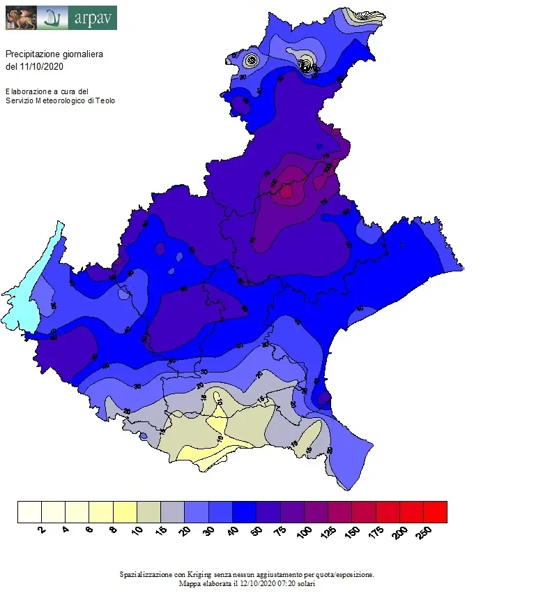 Le precipitazioni totali [mm] cadute nelle 24 ore in Veneto