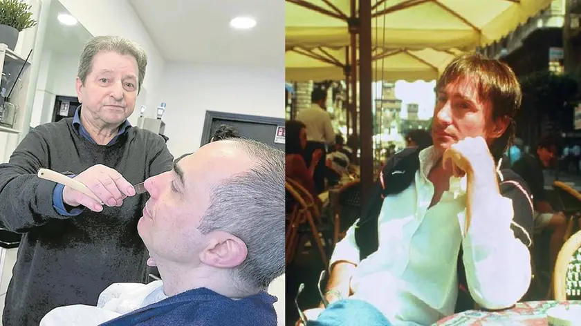 Pierino Ballin dentro il suo negozio all’Arcella con un cliente. A destra il suo cliente più affezionato: Felice Maniero