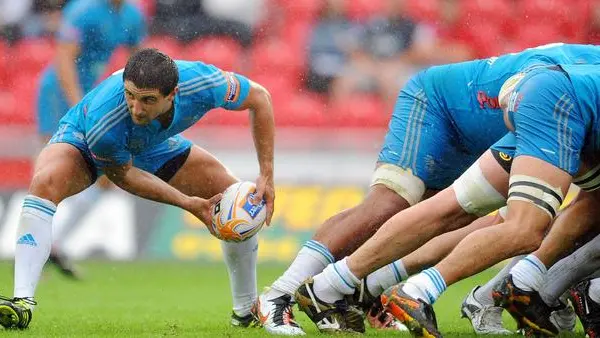 LLANELLI, WALES - SEPTEMBER 04: Tito Tebaldi of Aironi gets the ball away from a scrum during the RaboDirect Pro 12 match between Llanelli Scarlets and Aironi Rugby at Parc y Scarlets on September 4, 2011 in Llanelli, Wales. (Photo by Clint Hughes/Getty Images for Aironi).