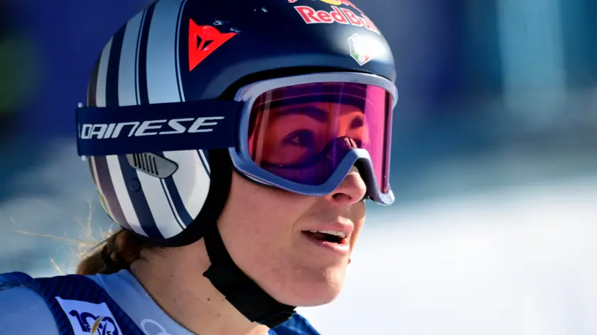 epa11075732 Sofia Goggia of Italy reacts in finish area in the Women's Super G race at the FIS Alpine Skiing World Cup in Zauchensee, Austria, 14 January 2024. EPA/CHRISTIAN BRUNA