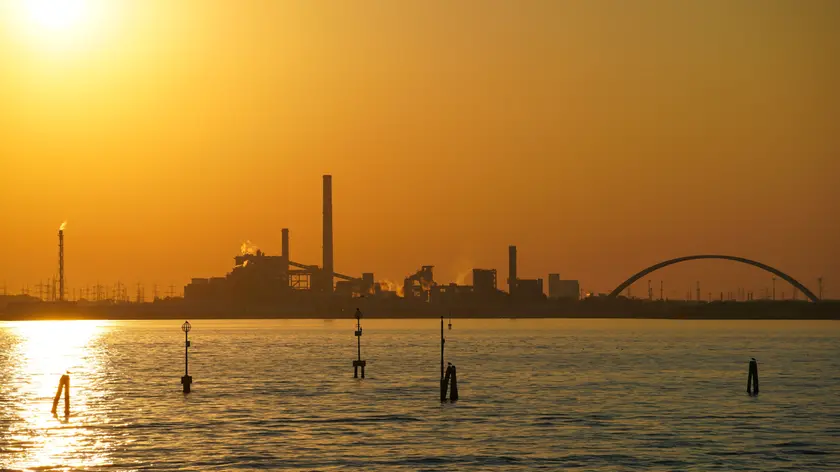 Industrial chemical area of Marghera seen from the ferry, Venice lagoon, Venice, Veneto, Italy, Europe